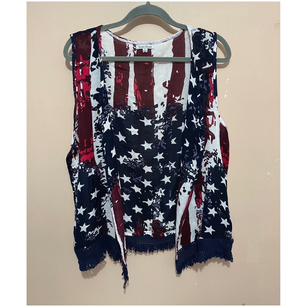 VINTAGE KATIE'S KLOSET American Flag Vest Open Front Fringe Size Small Americana
